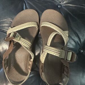 Chaco Brown Sandals with Olive Striped Webbing
